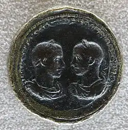 Medallion of Trebonianus Gallus and his co-emperor and son Volusianus, depicted laureate with drapery on their shoulders, facing one another.