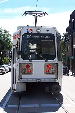 Front of Route 101 (D1) LRV in Media with the sign set for its next outbound trip to Sharon Hill on Route 102 (D2).