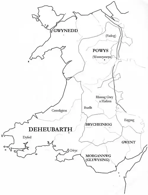 Medieval kingdoms of Wales, showing Glywysing in the south