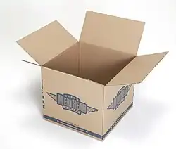 An empty cardboard box with the top closing flaps open