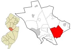 Location of Robbinsville Township in Mercer County highlighted in red (right). Inset map: Location of Mercer County in New Jersey highlighted in orange (left).