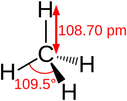 Stereo, skeletal formula of methane with some measurements added
