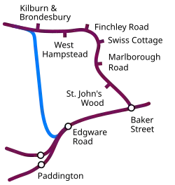 A line is shown at the bottom, from right to left, with stations at Baker Street, Edgware Road and junction before two Paddington stations. From Baker Street a line is shown going north through several stations before turning left. From Edgware Road a line in a contrasting colour is shown, going north bypassing these stations before joining the line from Baker Street just north of Kilburn & Brondesbury.