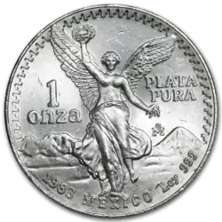 Reverse of the 1982-1995 design showing frontal view of the Angel of Independence with the volcanoes Popocatépetl and Iztaccíhuatl
