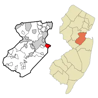 Map of Laurence Harbor CDP in Middlesex County. Inset: Location of Middlesex County in New Jersey.