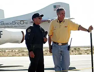 Mike Melvill and Burt Rutan speak to the media after the first flight into space.