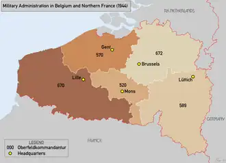 Military Administration in Belgium and Northern France showing Districts and HQs