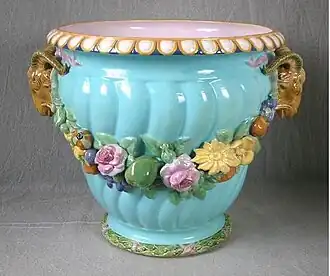 Minton Palissy ware/majolica flower vase, coloured glazes, shape first shown at the 1851 Exhibition, Exhibit Number 60