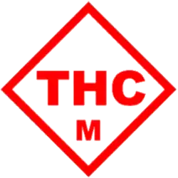 A symbol of red square diamond outline with the letters "THC" inside and a smaller letter "M" below