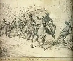 Tourists riding in panniers in France, in a drawing by Louis Hersent, 1833