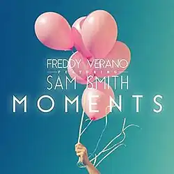 An image of a hand holding a bunch of pink balloons under the blue sky.