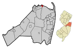 Map of Keansburg in Monmouth County. Inset: Location of Monmouth County highlighted in the State of New Jersey.