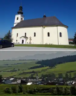 Montage from top- Church of St Emeric, Skyline of the village with neighbouring Skorušina mountains