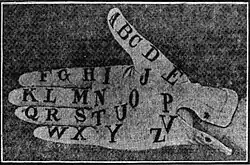 Black and white photo of a gloved hand. All twenty-six letters of the alphabet are printed on the palm side of the glove.