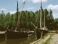 The Garlandstone at Morwellham Quay, Devon alongside the Thames barge The Beatrice Maud