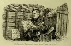 A cartoon drawing of a middle-aged man in a suit and small hat points to his head carrying several maps in a military trench; the caption reads: Mr. Hilaire Belloc: "This trench is wrong. It doesn't agree with my map."