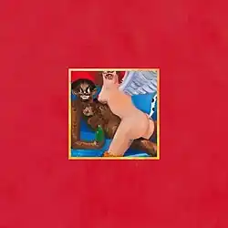 The album cover is textless, consisting mostly of empty red space. In the center is a crude painting of Kanye West being straddled on a bed by an armless winged female with fearsome features and a long, spotted tail. Both are nude, and the female's nipples and buttocks are visible.