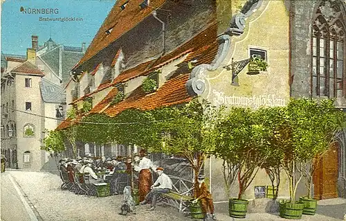 The Bratwurst Glöcklein ("Little-bell sausages"), Germany's most renowned inn of the time, founded in Nuremberg in the 14th century. The inn was destroyed in the Second World War. 1914 postcard.[12]