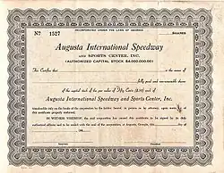 Stock Certificate for Augusta International Speedway