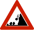 Falling rocks Warns that rocks, soil or snow may slide onto the road, but also that chunks may be present from previous landslides.