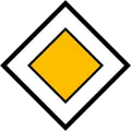 Priority road Priority at all following crossroads up to an end of priority road, give way or stop sign.