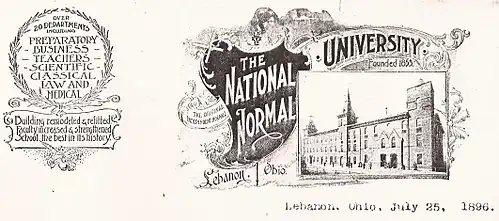 Letterhead (1896) for The National Normal University, Lebanon, Ohio, USA