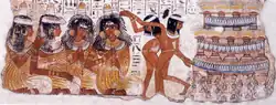 Tomb fresco depicting dancers and musicians in elaborate wigs with head cones. Thebes, Egypt, 18th Dynasty.