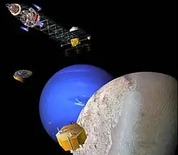 Artist's concept of a nuclear-electric Neptune orbiter with potential atmospheric probes and a Triton lander, c. early 2000s