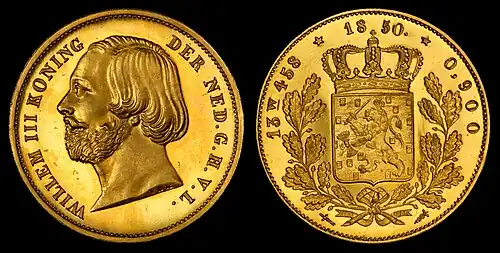 William III of the Netherlands depicted on a 20-guilder proof gold coin (1850)