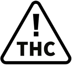 A symbol of a black outlined triangle with an exclamation point inside and the letters "THC" underneath