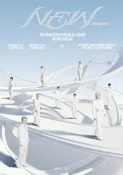 Promotional poster showing nine men in all-white outfits with a white and blue abstract background