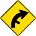 Curve between 15 and 90 degrees with minor road, to right