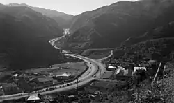View of wide road through gorge.