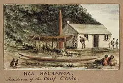 Watercolour of small house and canoe.