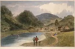 Drawing of man carrying woman across a stream