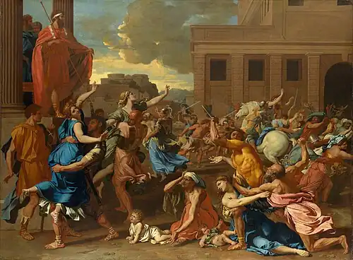 The Rape of the Sabine Women; by Nicolas Poussin; 1634–1635; oil on canvas; 1.55 × 2.1 m; Metropolitan Museum of Art, New York City[107]