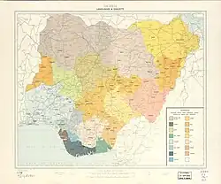 1967 map of the languages of Nigeria; the city of Owerri can be seen in the south