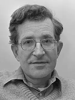 Black-and-white photograph of Noam Chomsky in 1977