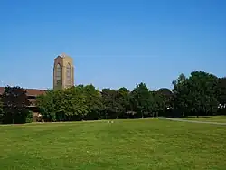 North field with tower of St. Edmund of Canterbury church