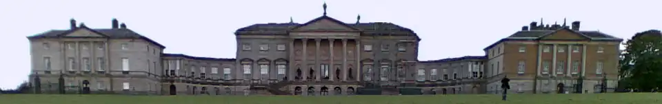 The North Front of Kedleston Hall main house with two flanking houses