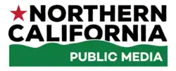 On two lines, a red star and the word NORTHERN in black above the word CALIFORNIA in black. Overlapping the word California is a green shape suggestive of hills, on which the words "Public Media" are displayed in white off to the right.