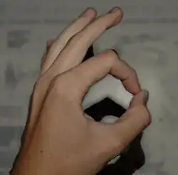 Closeup of fingers with the thumb and index finger forming a circle and the other fingers extended.