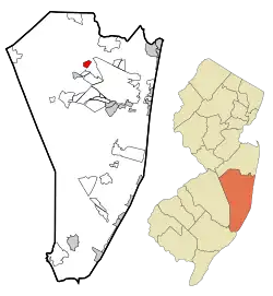 Map of Cedar Glen West CDP in Ocean County. Inset: Location of Ocean County in New Jersey.