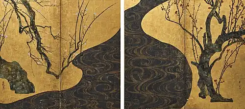 Red and White Plum Blossoms by Ogata Kōrin. National Treasure. A typical example of Rinpa art.