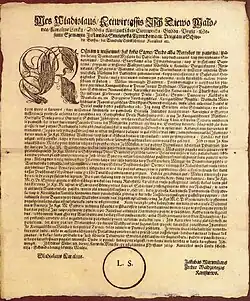 Image 65King Władysław IV's universal of March 22, 1639 forbidding his subjects to hunt on the territory of Ducal Prussia. The universal was translated into Old Lithuanian at the Prussian chancellery. (from Grand Duchy of Lithuania)