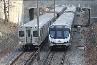 T-series and Toronto Rocket subway trains (from left to right) on Line 1