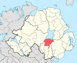 Location of Oneilland, County Armagh, in present-day Northern Ireland. It was based on the Irish district of Uí Nialláin.