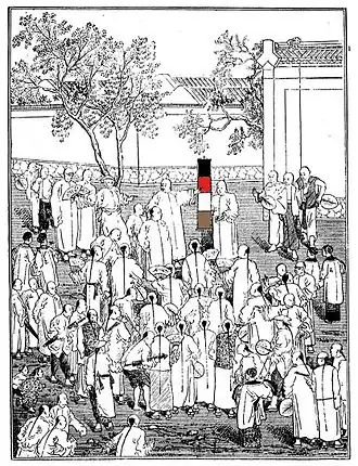 Black and white illustration showing a missionary preaching to a seated crowd outdoors using the Wordless Book
