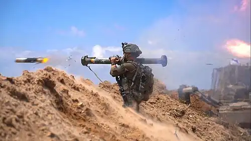 Israeli soldier firing an M141 BDM in Gaza City, April 2025