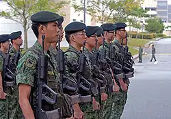 A row of young soldiers wearing green camouflage uniforms and dark green berets and holding rifles, standing at attention.